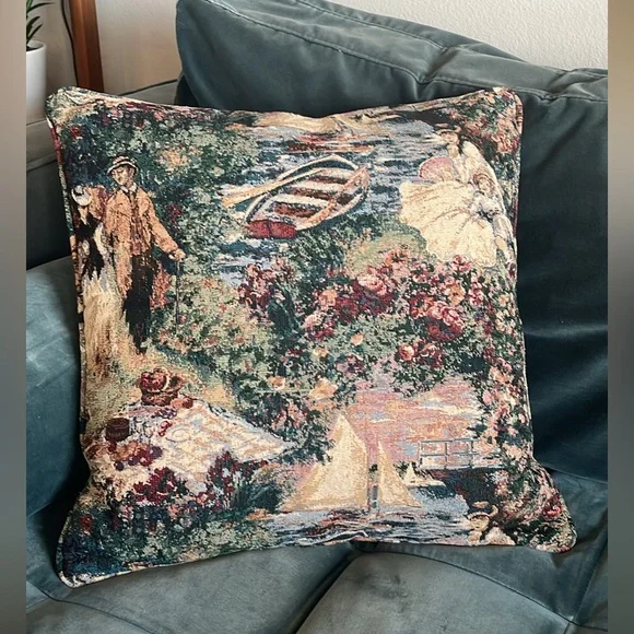 Vintage Tapestry Accent Throw Pillow Victorian Sail Boats Nautical - Picture 6 of 10